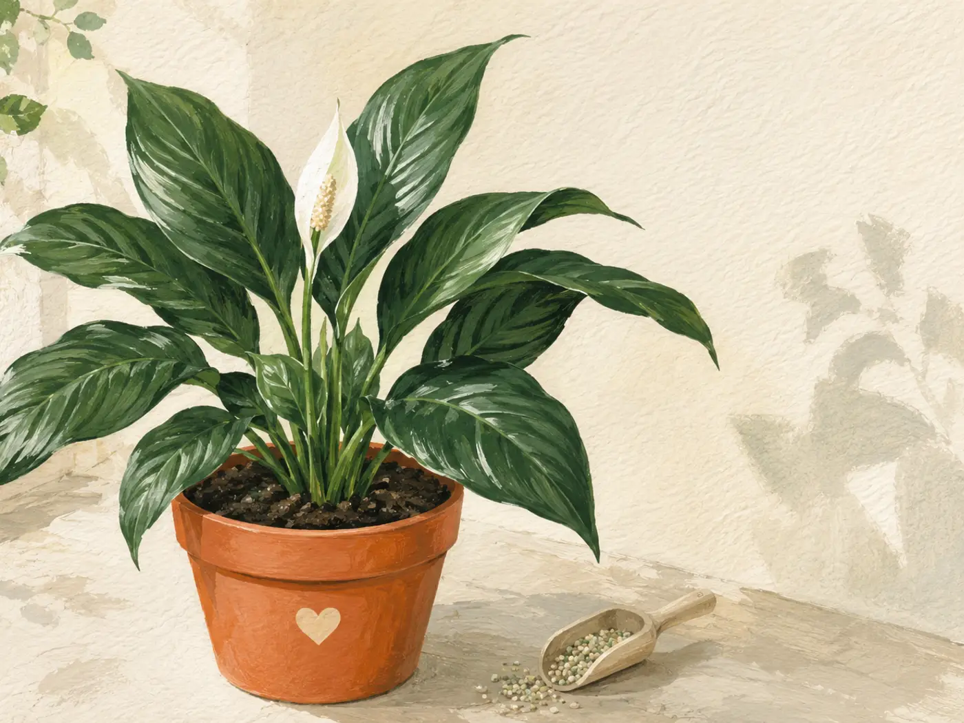 Peace lily bloom showing the white spathe wrapped around the central spadix.