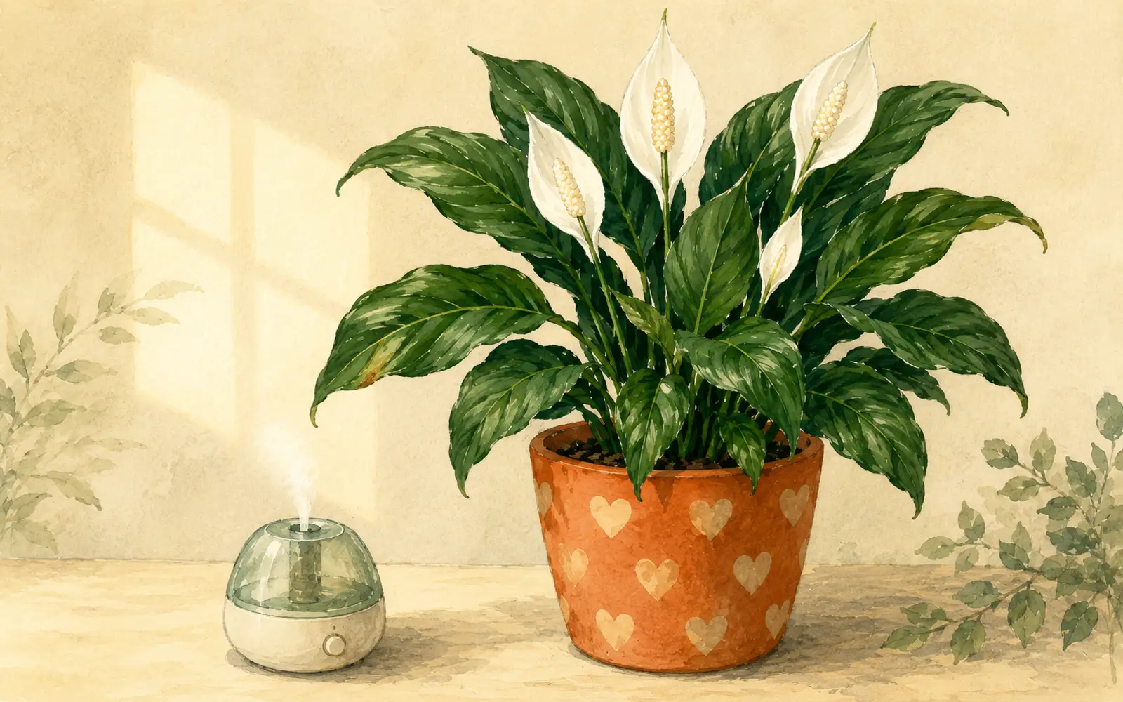 Peace lily near a room humidifier with healthy green leaves