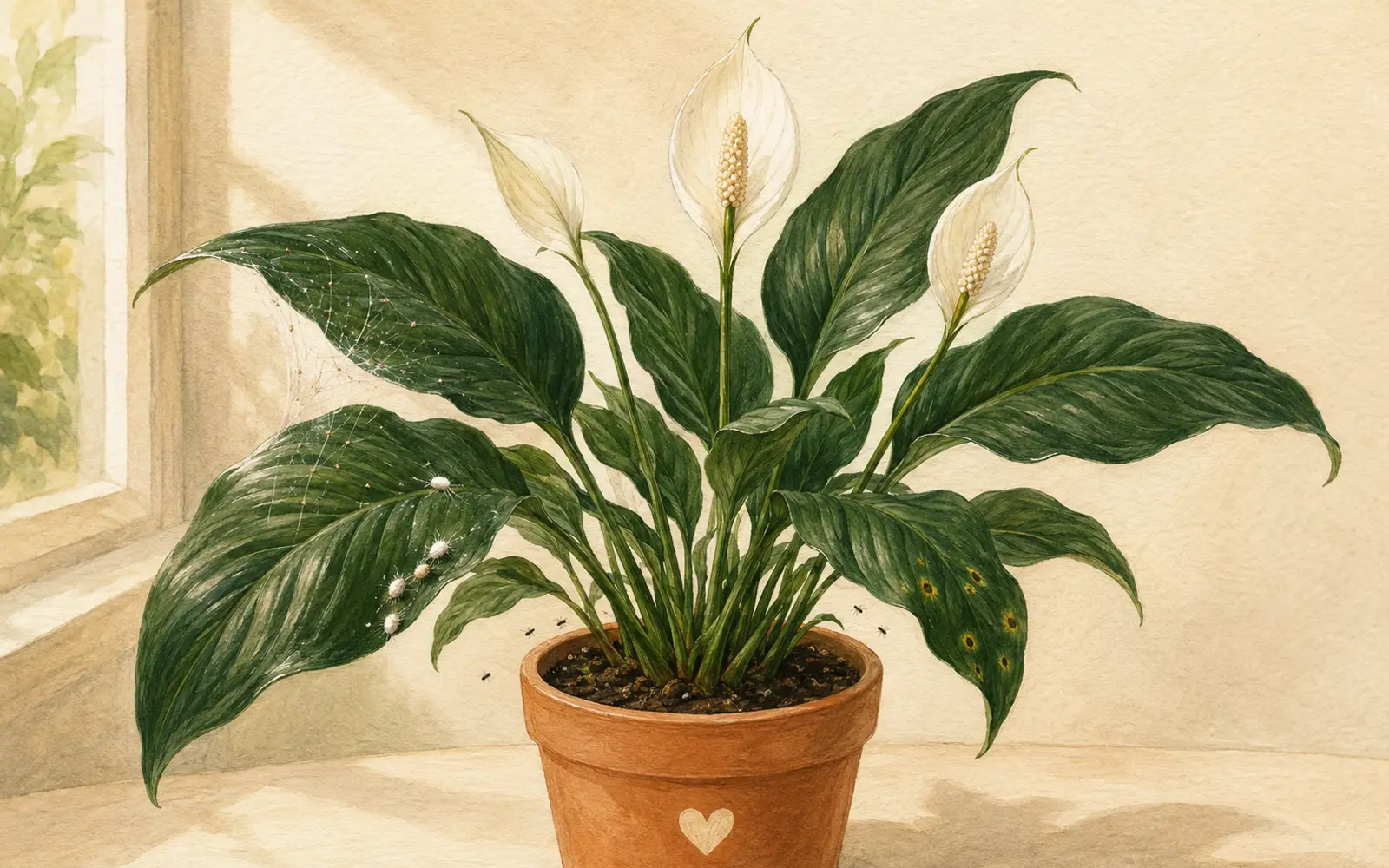 Peace lily pest guide showing spider mites, mealybugs, fungus gnats, and leaf spot symptoms.