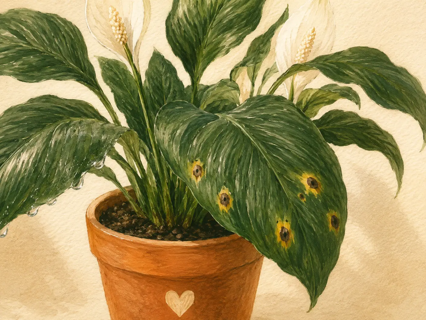 Illustration for Leaf spot: brown halos with yellow rings.
