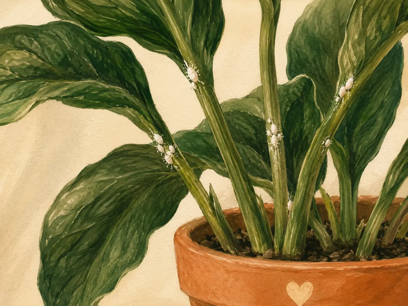 Illustration for Mealybugs: cottony tufts in leaf joints.