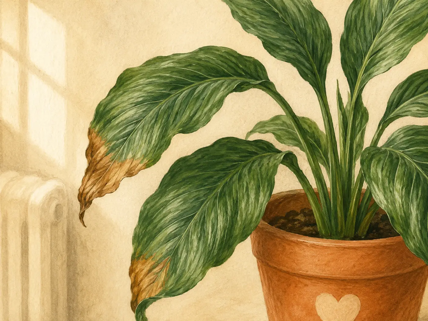 Illustration for Brown leaf tips: tap water, dry air, or both.