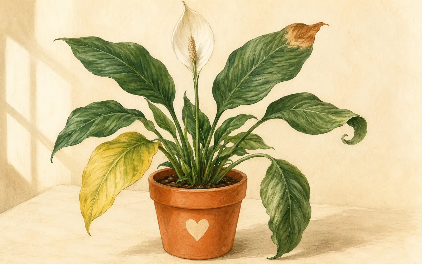 Peace lily symptom guide showing yellow leaves, brown tips, drooping leaves, and root inspection.