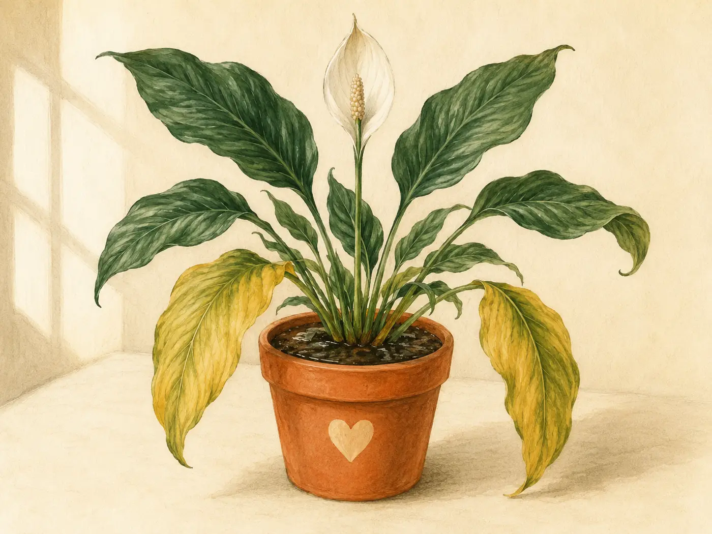 Illustration for Yellow leaves on a peace lily, diagnosed.