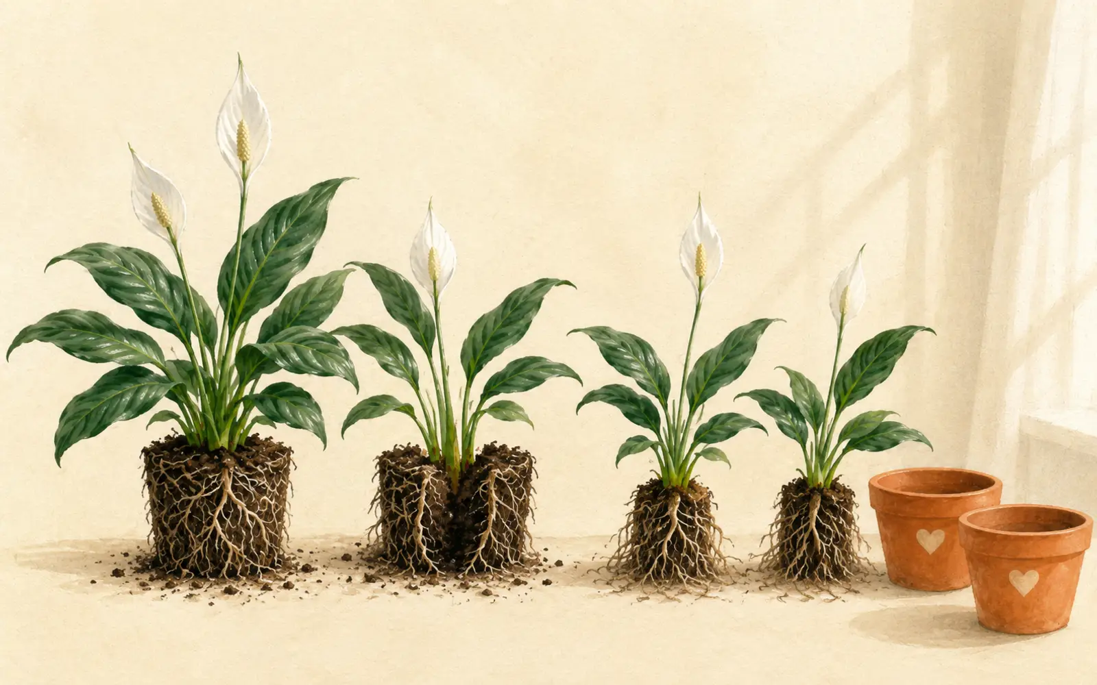 Illustration for Dividing a peace lily, step by step.