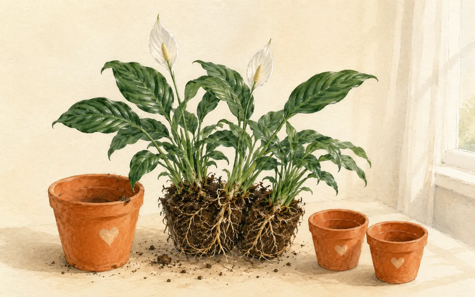 Mature peace lily being divided into smaller rooted clumps during repotting.