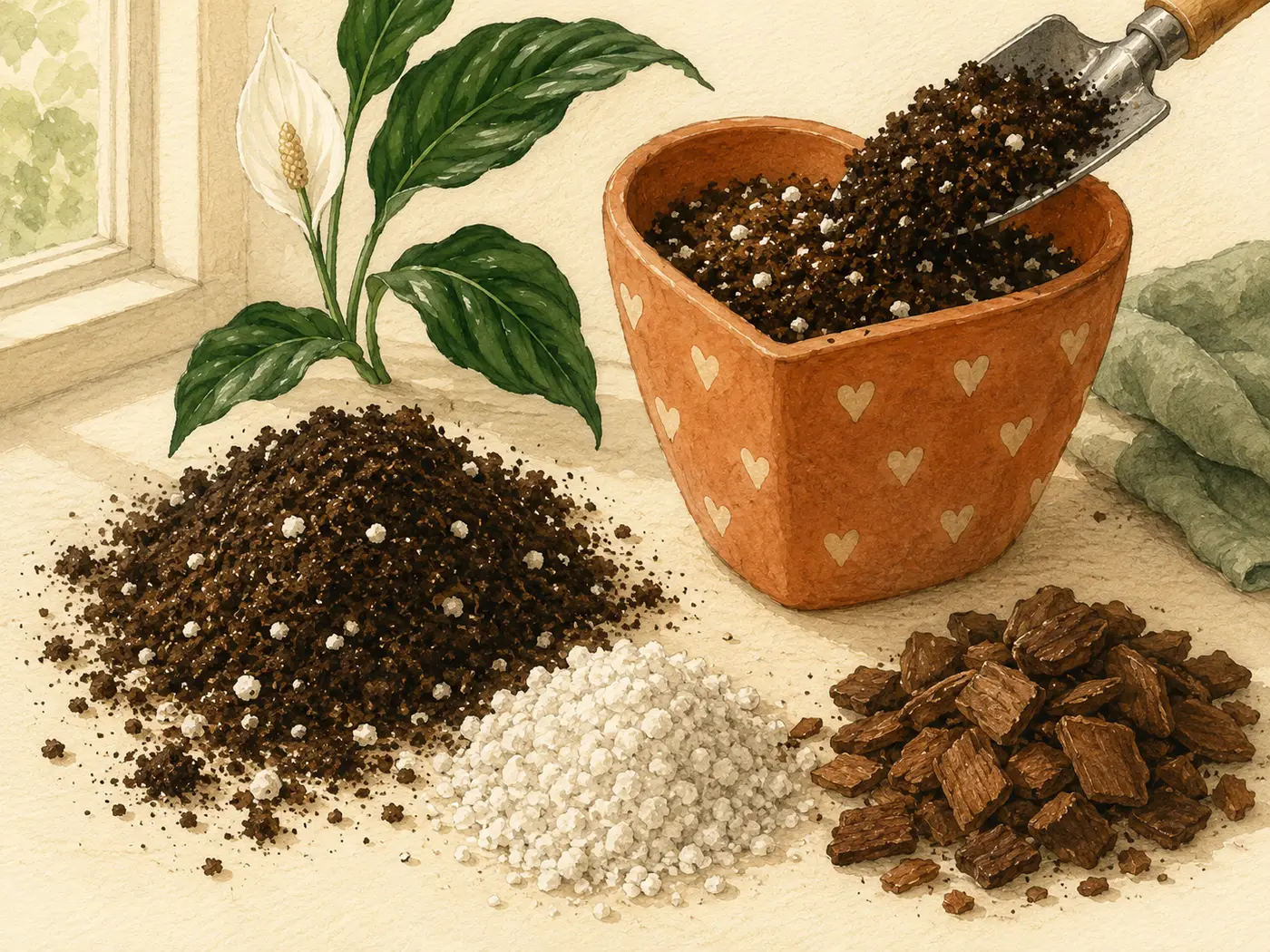 Loose peace lily soil mix with perlite, bark, and organic potting mix.