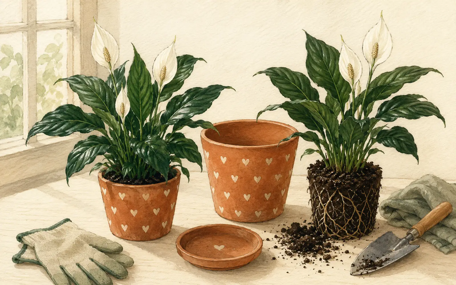 Peace lily beside a new pot, fresh soil, and saucer ready for careful repotting.