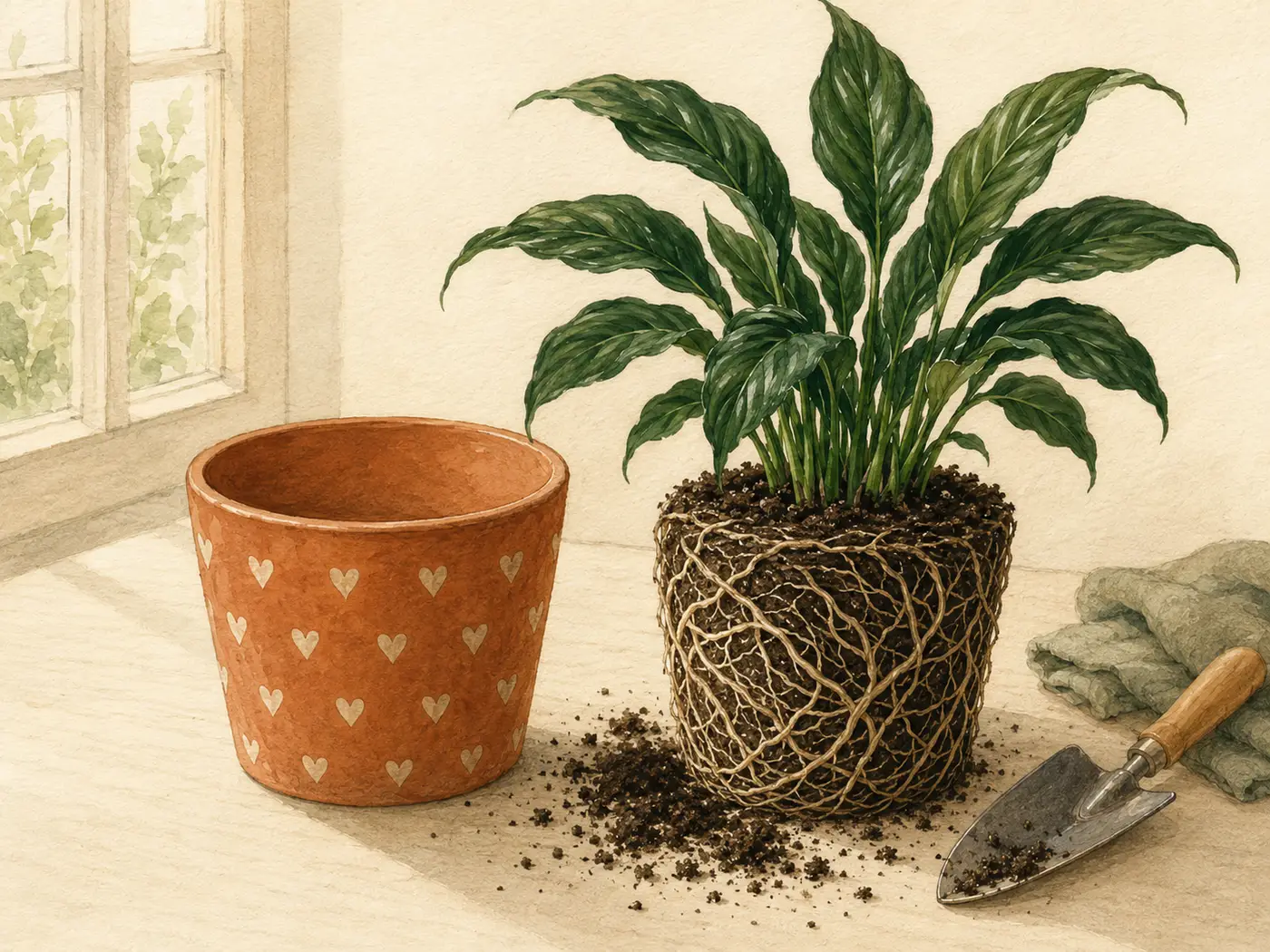 Peace lily lifted from its pot with roots circling the root ball.