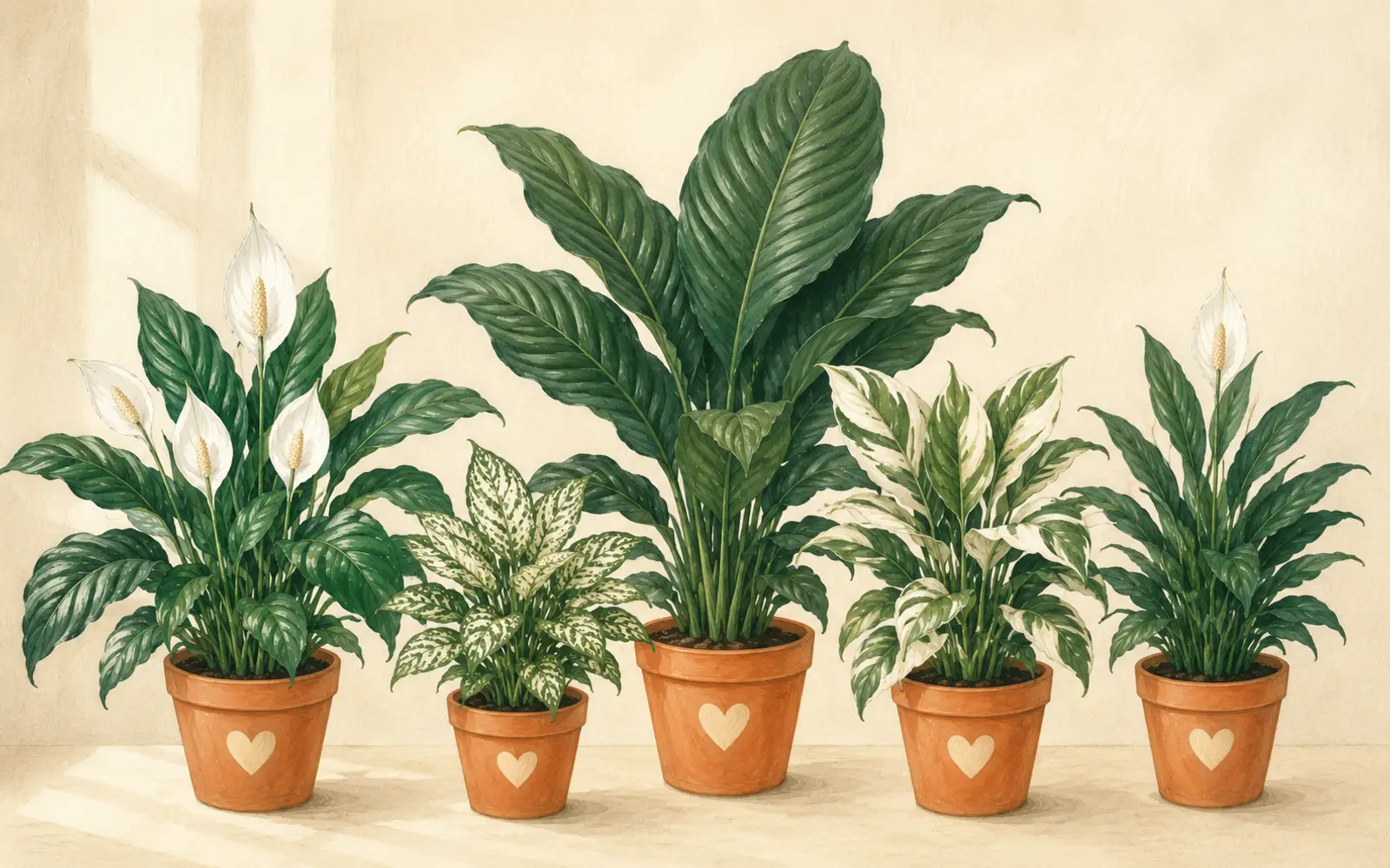 Five common peace lily cultivars showing different sizes, leaf shapes, and variegation patterns.